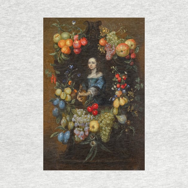 A Garland of Fruit and Flowers Surrounding a Portrait of a Lady in a Blue Dress, Holding a Guitar by Catarina Ykens-Floquet by Classic Art Stall